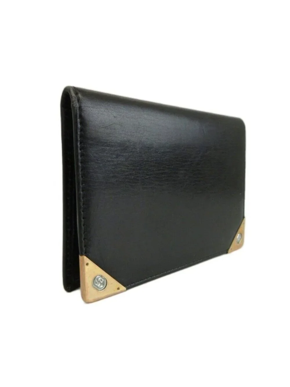 Gucci Vintage Card Case Business Bifold Leather Interlocking G Gold Black